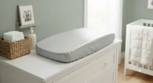 Waterproof and wipeable changing pad cover for boy nurseries in Canada.