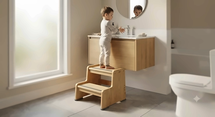 Neutral wooden two-step stool helping a child reach the bathroom vanity counter safely. two-step stool for bathroom sink and toilet