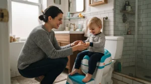 Parents managing bathroom routines using 3-in-1 potty chairs for small bathrooms in a city apartment.