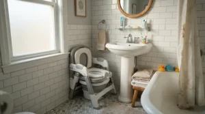 Positioning 3-in-1 potty chairs for small bathrooms neatly into an awkward washroom corner.