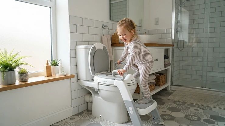 A toddler using the adaptive features of 3-in-1 potty chairs for small bathrooms during daily routines.
