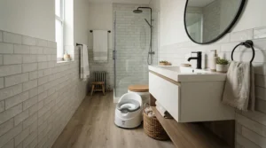 A compact 3-in-1 potty chairs for small bathrooms setup tucked beside a modern apartment vanity.