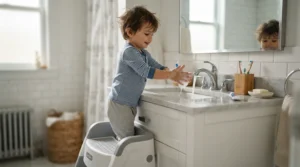 A child using the integrated step stool function of 3-in-1 potty chairs for small bathrooms.