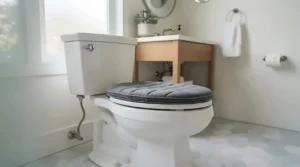A comfortable padded potty seat for toilet training placed securely on a standard home toilet bowl.