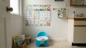 A visual timeline chart displayed beside durable potty chairs for toddlers in a nursery.
