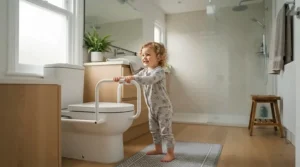 A toddler holding onto the side grips of a potty seat for toilet training in a bright Canadian family home bathroom.