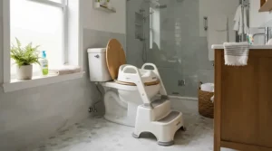 A matching step stool and potty seat for toilet training helping a child reach the adult toilet easily.