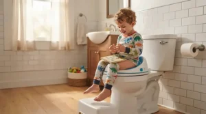 A happy toddler sitting independently on a colourful potty seat for toilet training in a home bathroom.