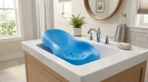 A blue toilet training seat insert resting on a white porcelain toilet during a routine bathroom visit.