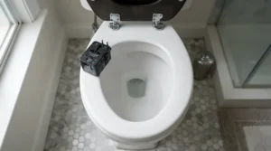 A universal potty seat for toilet training showing compatibility with an elongated oval toilet bowl shape.